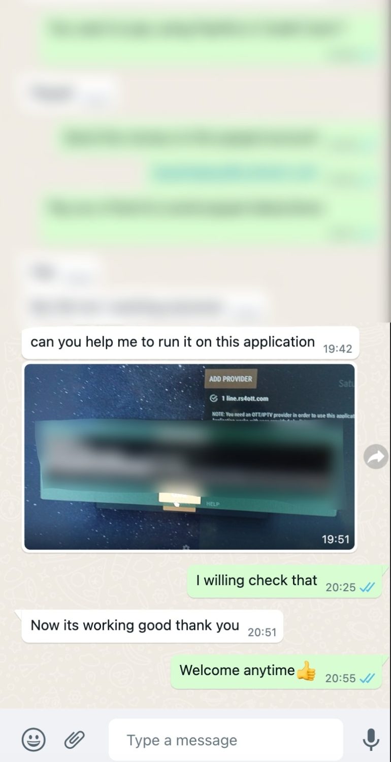 WhatsApp review from a satisfied IPsubTV customer