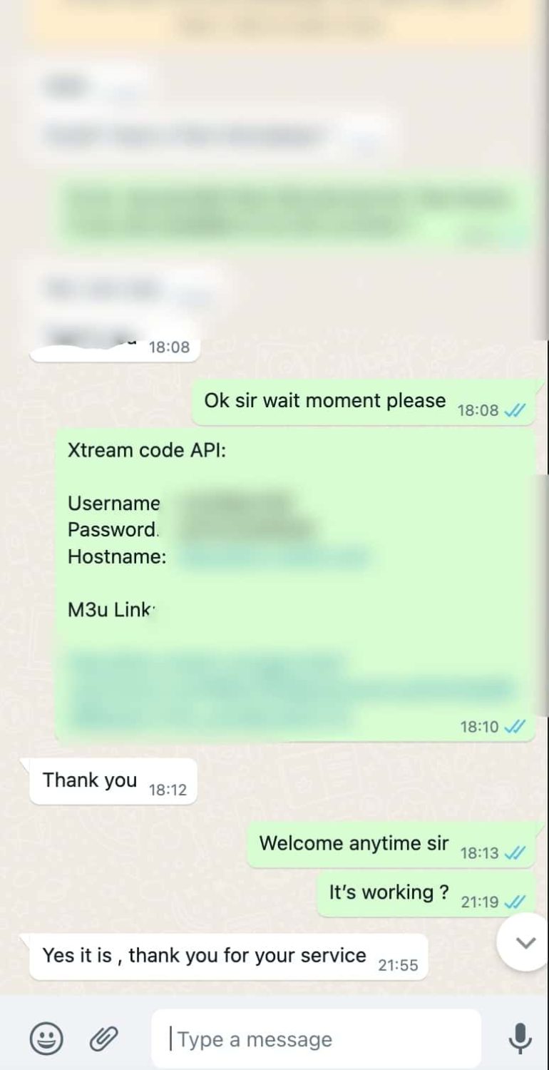WhatsApp review from a satisfied IPsubTV customer