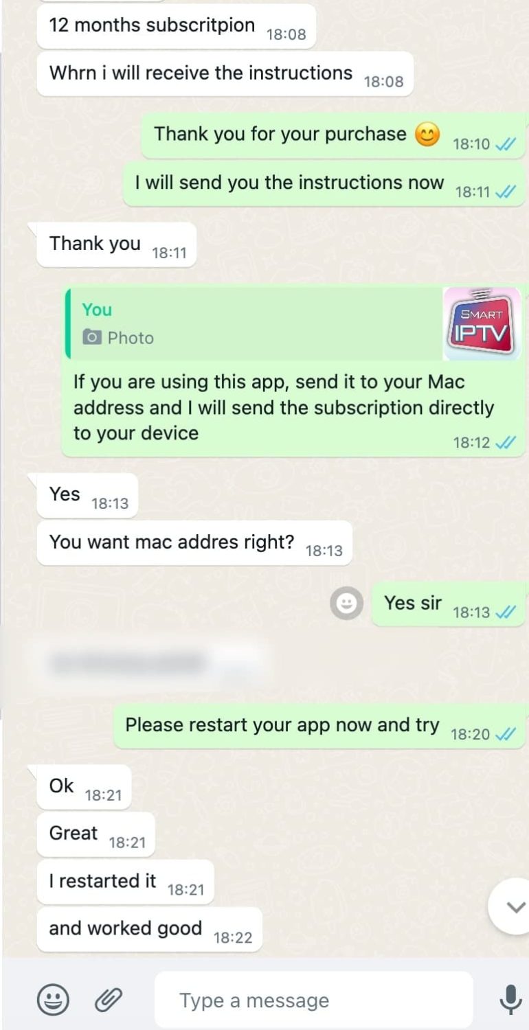 WhatsApp review from a satisfied IPsubTV customer